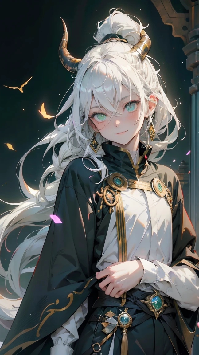 cheerful boy aristocrat open forehead. dark green hair braided in a ponytail on the left side to one side. sinuous black horns wrapped in dark green ribbon. pale green eyes. in short dark green shorts. long white T-shirt. dark green knee-high socks. a white long robe with a hood flutters in the wind. black ancient stone walls of the castle purple light from lamps with gold ornaments, heterochromia, long curly hair, pale skin, I look at the viewer, closed mouth, bright smile, Beautiful, extremely detailed eye, Absolutely amazing art, extremely detailed, Digital art of the highest quality, full length, old piano, ancient walls of a stone castle