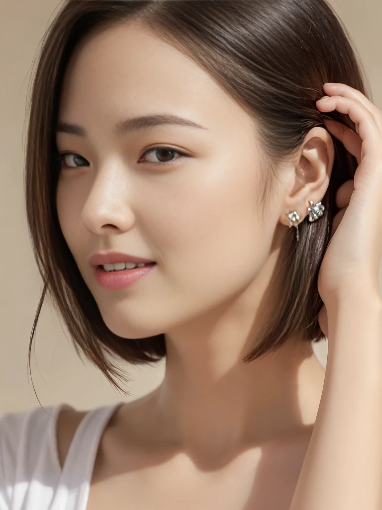 (top-quality, masterpiece, hight resolution), Beautiful 18 year old woman。She wears a white off-the-shoulder with white ruffles that only hide her breasts。Put your shoulders out、kindly smile、Show your teeth a little。Short Bob Hair Straight、(Voluminous short bob、Trimming the bob、straight haired、Straight bangs、On-eyebrow bangs)、Bob with only one ear out、foco nítido、(电影灯光)、鎖骨、ear ornament、a necklace、Light gray background