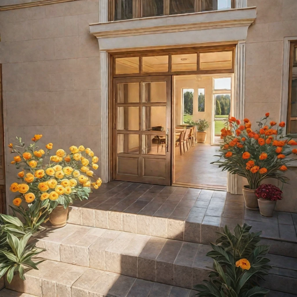8K,high-definition,high quality,high resolution,details,realism,masterpieces,realism,masterpieces, the front of the house, flower, door, slightly_above, Photographic Style, cinematic , Morning Glow