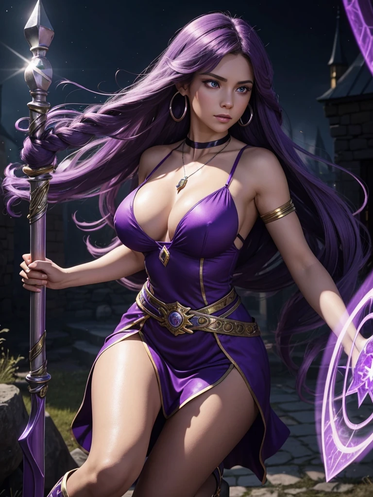 Beautiful Caucasian woman. Fitness body. Big, round breasts. Just one woman. Alone. Western woman. Long hair with 1 braid. Purple hair. Bright purple eyes. Woman cosplaying as the character Yellow Sorceress from the game Gauntlet Dark Legacy. She is wearing a purple dress with straps and a large neckline on her breasts, the dress has a knee-length skirt with a neckline on the side of the leg. She is wearing a necklace with purple stones and silver hoop earrings. Purple high-heeled boots. White belt at the waist. She is in a burning medieval village one night. She holds a witch's staff with a purple stone at the end. Dynamic light. Dynamic shadows. High resolution.