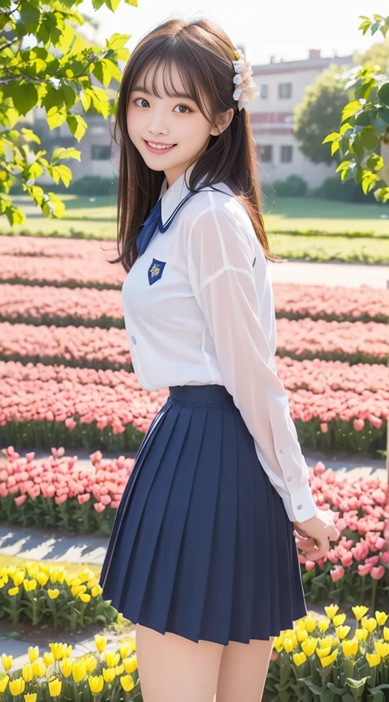 (Highest quality、Ultra-high resolution、８ｋ、masterpiece:1.3)、Beautiful woman with perfect figure:1.4、Black Hair、(((((School Uniform))))、Big eyes、派手な、（high school girl）、(Navy blue pleated skirt)、Ultra mini skirt、A beautiful woman、School Bag、Highly detailed face and skin、Detailed eyes、Shiny thighs、double eyelid、Thin legs、The best smile、(((１people)))、(I can see her panties：1.8)、White panties、(スカートの間からI can see her panties:1.5)、The best smile、Extraordinary beauty、Age is 1０years old、Perfect Proportions、whole body、(((blue sky)))、Baby Face、Touch your hair with your hands、The wind is blowing、(((Skirt that flips up)))、(Skirt lift)、Back view、look back、Angle from below、Tulip Fields、Beautiful Landscape、((Blue sky))、Good weather、