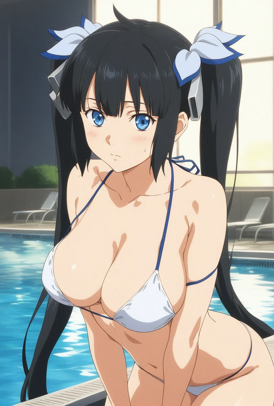 best quality, amazing quality, very aesthetic, absurdres, (1girl, hestia (danmachi),hestia \(danmachi\),long hair,blue ribbon,twintails), (realistic face:0.9),(string bikini:1.8), (glare, thigh:1.3), (cowboy shot), (glowing eyes), (half closed eyes:0.9), (Soft Light:1.7), (official art:1.3), (pool), expressive eyes, perfect face, extremely detailed eyes, perfect anatomy, smooth skin, (pool background:1.5), clear eyes, blush, beautiful face, big breasts, (anime style:1.7), (highres:2), (Chiaroscuro),