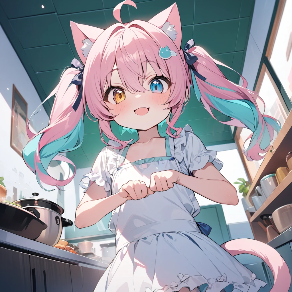 masterpiece, best quality, beautiful, 8K, highres, ,1girl, kemono, delightful, smiling,looking at viewer, medium hair, wave hair, hair between eyes, ahoge,twintails, wavy hair, shiny hair,pastel pink hair,aqua hair,colored inner hair, streaked hair, colored , heterochromia.golden eyes, with sparkling eyes, big eyes, wide-eyed, pale skin, fair skin, shiny skin, detailed skin, pale skin, chibi, short sleeves,slim, frilled clothing, skirt, smaller face, with cat ears, cat tail, cute face, 10-year-old, green background, kawaii, cute, chibi, chibi anime, front view, dynamic angle,paw pose, wide view, wide shot, intense wide shot,golden ratio,architectural photograph,indoor,cooking,in the kitchen,head shot,