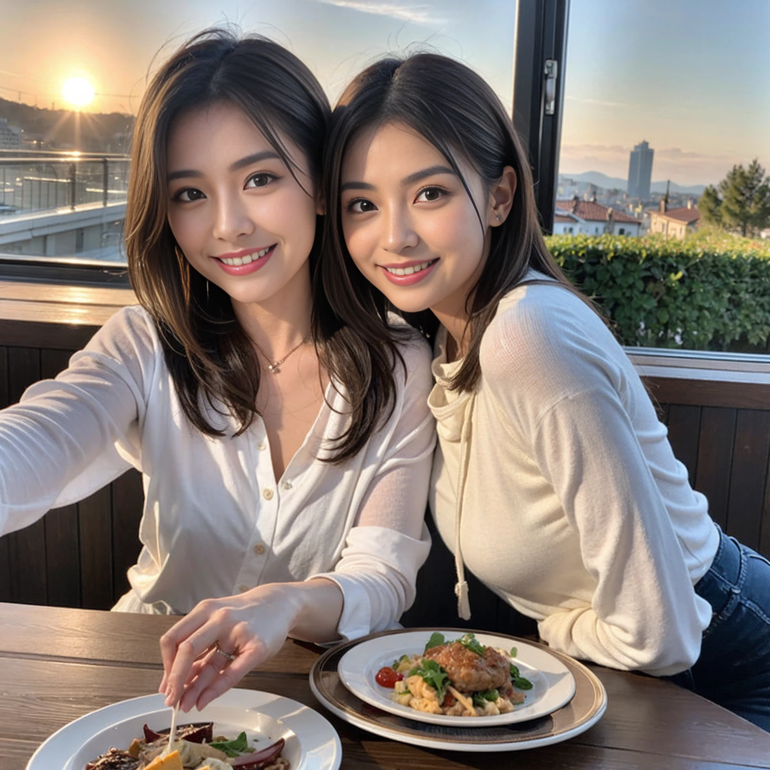 (Realistic:1.1),(masterpiece,Highest quality),8k,(44 years old), 42 years old, slimカップル、Model Couple、actress/actor、Tight waist,Upper Body,full-course dinner、wine 、Amazing view of the sunset sky and clouds、Perfect Anatomy, Brown Hair, short hair,Random Hairstyles,((Highly detailed face and eyes:1.2))(cute顔:1.4),美しいactressの顔,Perfect golden ratio face,Long sleeve shirt、dress,(smile:1.2)、Shortcuts、cute、(Realistic, Intricate details:1.2), A bright smile、short hair,Bright Face、赤wine 、Appetizers、Italian food、wine bottle、Champagne、スパークリングwine、(slimな顔), (The body is slim), (Brown Hair), (Shortcuts), Upper Body, 白wine, slim, wineグラス,