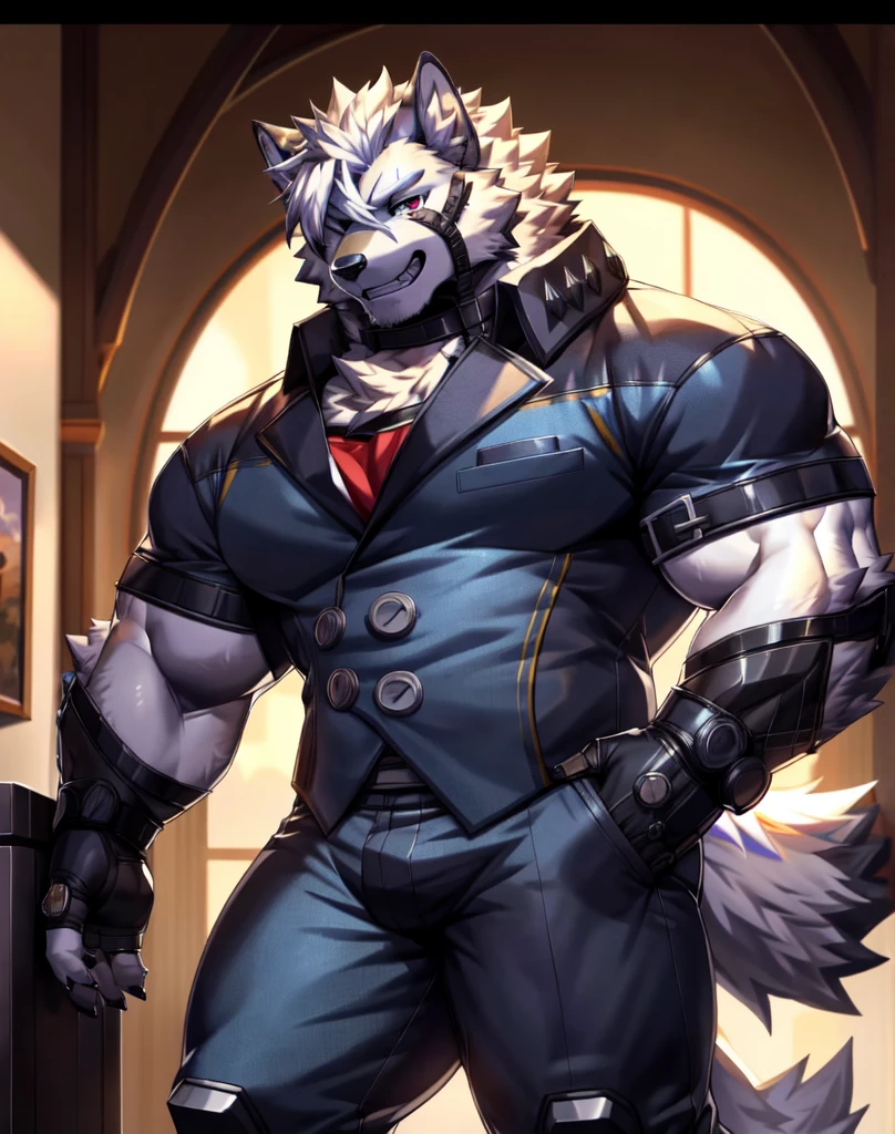 solo, anthro, furry, furry male, wolf, ((fluffy fur, fluffy, furry body)), (wolf print), red eyes, hair tuft, long hair, (light blue body, blue body, muscles), wolf tail, ((white hair, mohawk hair)), (white muzzle, white forearms), Camera Recording POV, Camera POV, security footage pov, pocket watch in hand, face straps, butler uniform, black metal prosthetic legs detailed fluffy fur, detailed face, detailed eyes, smaller arms (full body, round ass, fluffy ass,), cyberpunk, valorant,(by DRKS, by raccoon21, by Sollyz, by null-ghost, masterpiece, high quality,hi res,8k hd), close-view portrait, looking at viewer, indoors, fancy manor, fancy tea party cute face, open mouth, teeth, detailed teeth, grinning expression, camera view angled from above, heavy shadows, athletic build, full body,