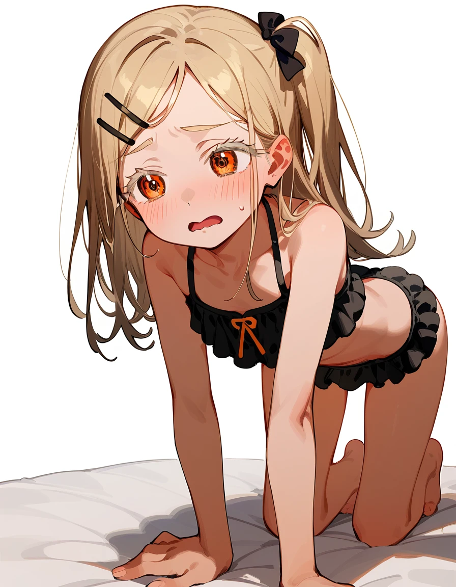 Highest quality, masterpiece, No correction, Beark 1 dhibi girl,shinosawa hiro,thin,Orange eyes,White eyelashes,Blonde,Long Hair,Hair Clip,flat chest,white background,frilled bikini,black bikini,chestnut mouth,embarrassed,side ponytail,looking to the side,all fours