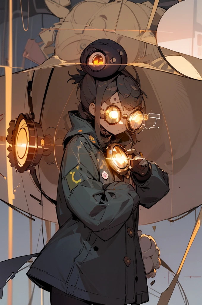 in style of Ashley Wood,1girl,raincoat,Nuclear mark,The face is a breathing mask,(The eye is a wearable cyclops lens:1.8)The lens surface lights u, school background, grown woman, mature,