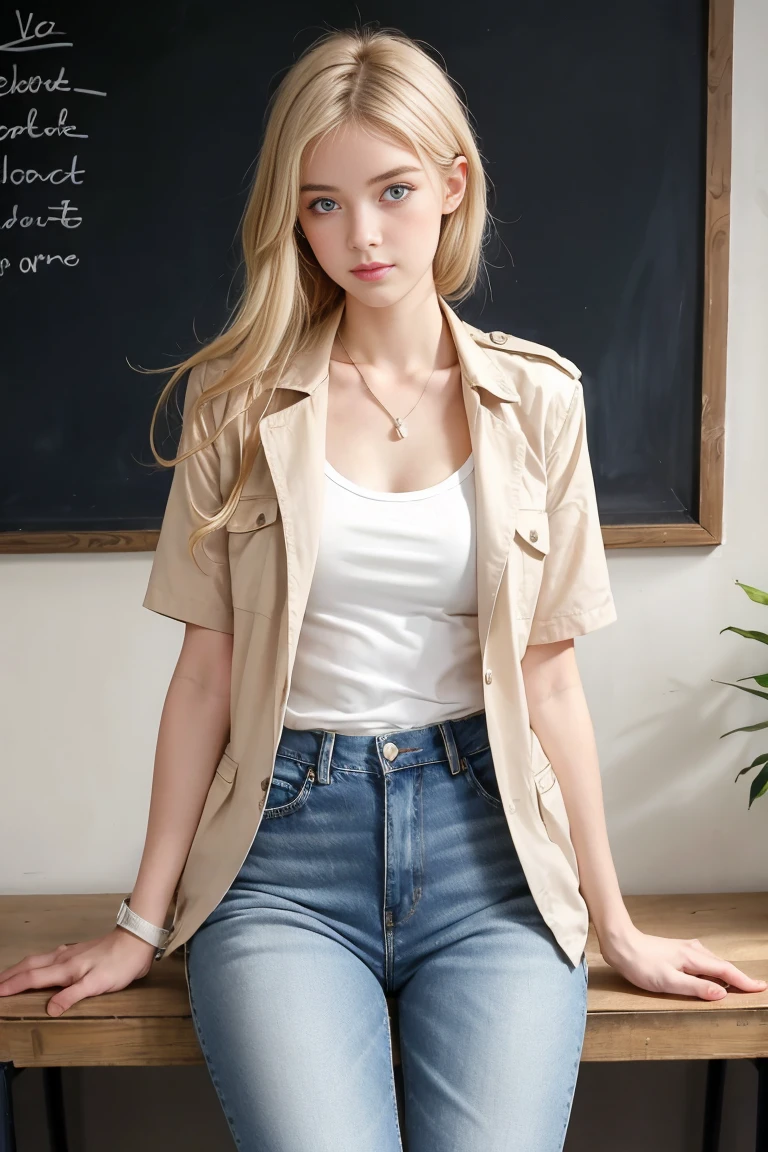 une femmes blonde de 18 ans sexy et mince , short sleeve veste en jean, salle de classe, se touche,position sey,sensuel