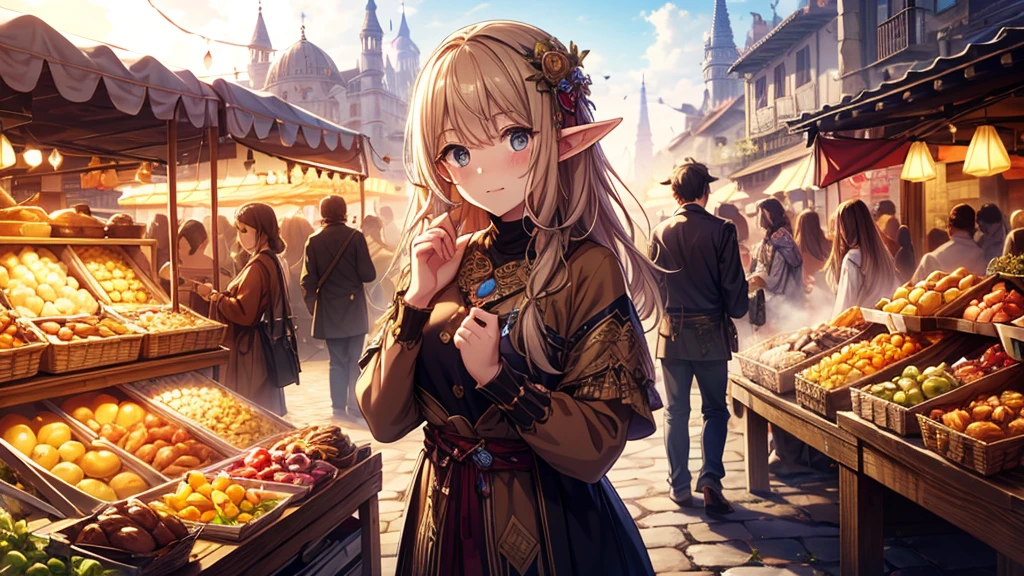 masterpiece, best quality, high resolution, extremely detailed CG, absurdres, highres, fantasy art, Morning mist clings to cobblestone streets as vendors in vibrant attire hawk exotic wares amidst ancient architecture. Towering spires and ornate facades mingle with humble market stalls, while a diverse array of faces - humans, elves, dwarves, and more - hurry about with baskets, bundles, and curious gazes. The air is alive with the cacophony of merchants' calls, hammering on metal, and the sweet scent of fresh bread wafts through the chaotic scene