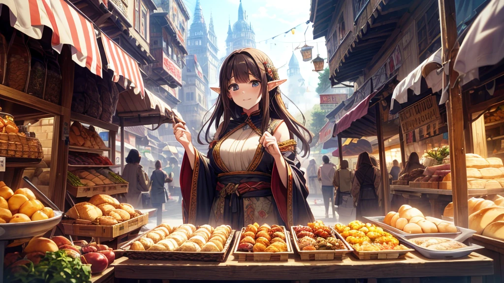 masterpiece, best quality, high resolution, extremely detailed CG, absurdres, highres, fantasy art, Morning mist clings to cobblestone streets as vendors in vibrant attire hawk exotic wares amidst ancient architecture. Towering spires and ornate facades mingle with humble market stalls, while a diverse array of faces - humans, elves, dwarves, and more - hurry about with baskets, bundles, and curious gazes. The air is alive with the cacophony of merchants' calls, hammering on metal, and the sweet scent of fresh bread wafts through the chaotic scene