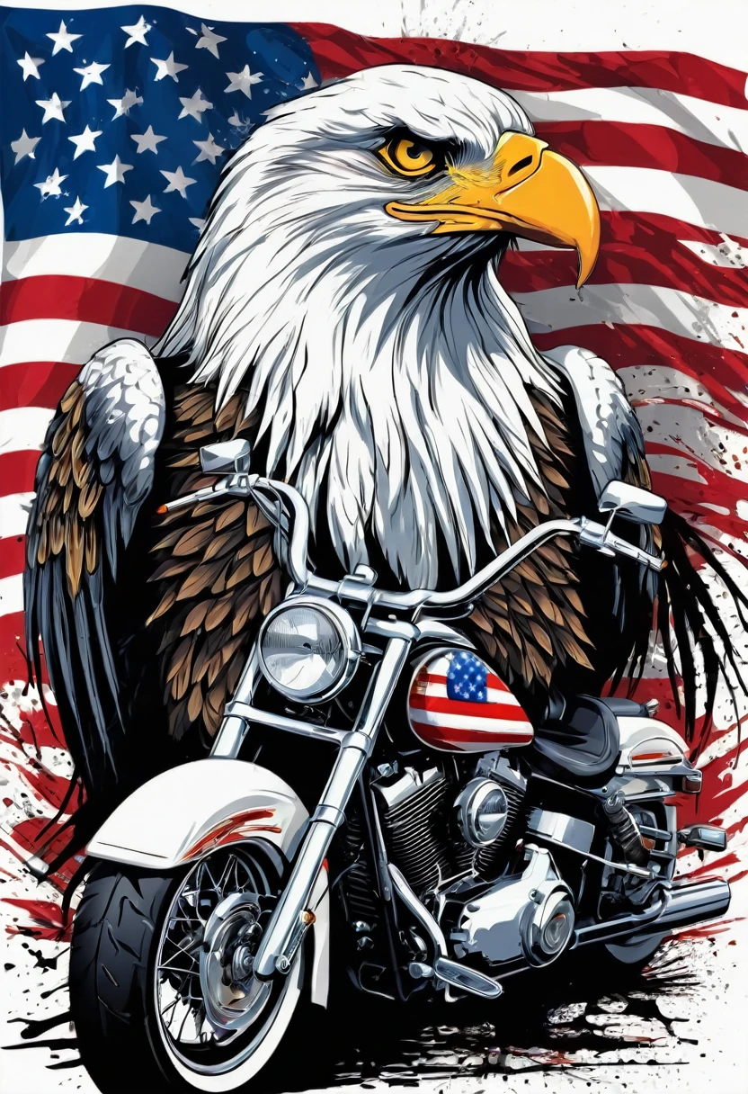 t-shirt designs, Create a menacing white t-shirt with a full-length moto harley, background with american flag and an eagle emblem, highly detailed vector art, hd vector art, White background. The overall style is bold and intense, embodying the dark and edgy spirit of heavy metal music.