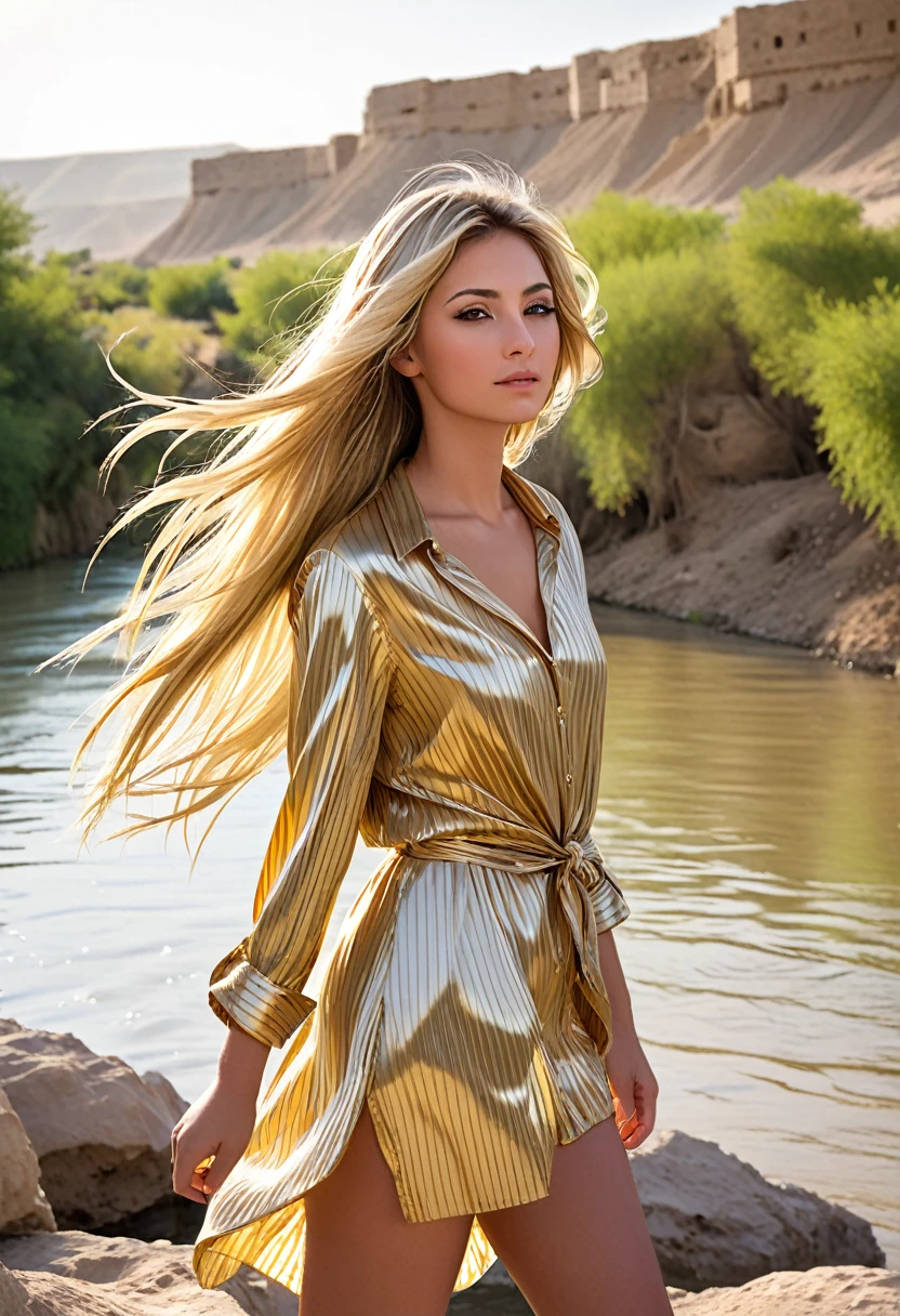 "A robust, well-built girl with long blonde hair, from Puerto Rico, It is located near the Euphrates River. He wears a gold flannel with stripes that shines in the sunlight, highlighting its presence in the landscape. Her hair flows freely in the wind, and his expression reflects both strength and serenity. The surroundings of the Euphrates River, with its calm waters and lush vegetation, creates a beautiful contrast with your gold flannel. The girl stands on the river bank, with the ancient and majestic landscape of the Euphrates stretching around it, evoking a feeling of history and nature in perfect harmony."