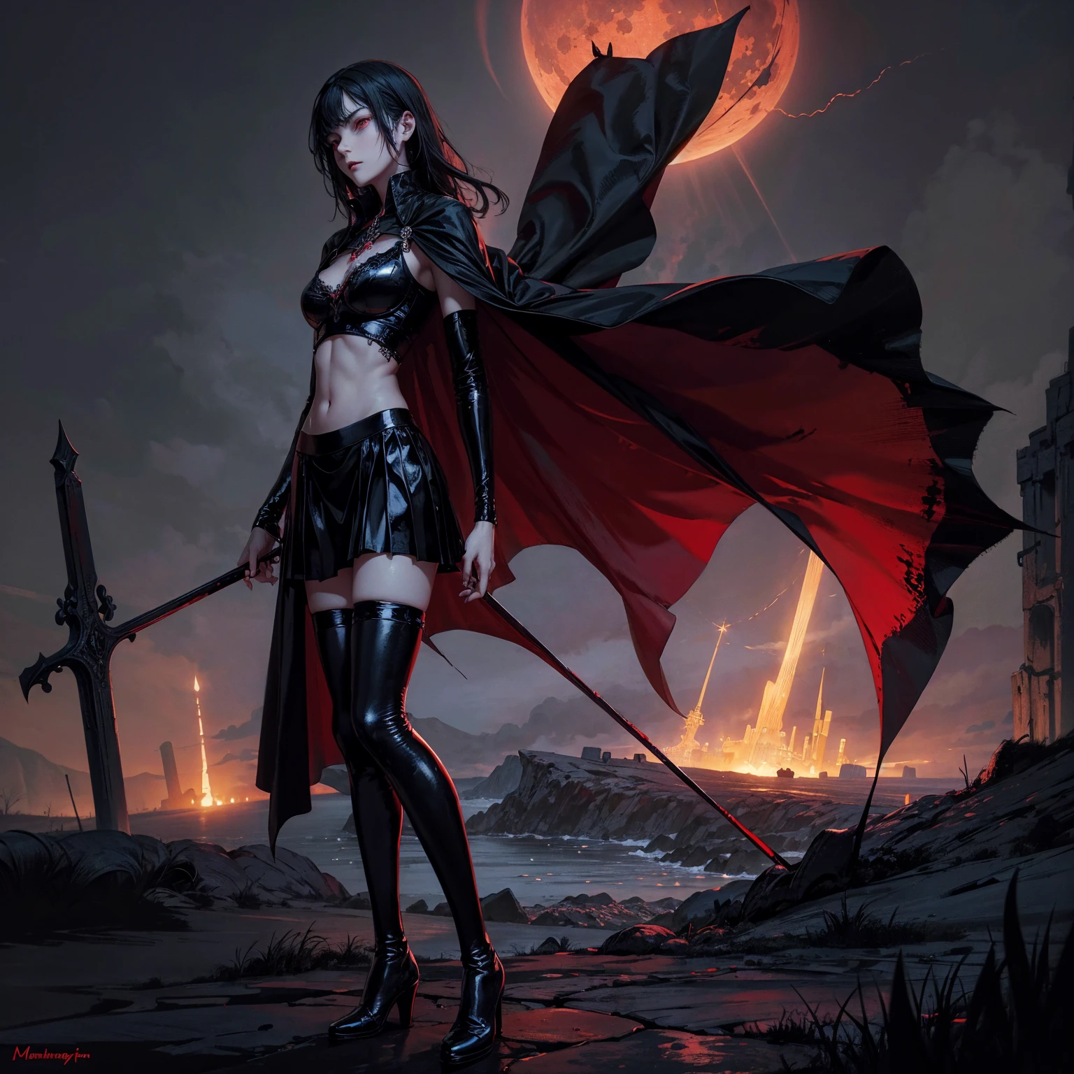 best quality, 4K, high resolution, masterpiece:1.2, Very detailed, actual:1.37, Mood lighting, Girl in a long cape, Wearing a reflective rubber bra, Wearing a reflective latex skirt, Wearing a pair of knee-high stockings, Exposes the navel，Shows the skin above the chest, Aloofness emotion, Dangerous sneer, Black Hair, Standing, Facing the camera, Crucified, Pitch black sky, Blood-red moon, strange atmosphere, Gothic style, Unforgettable beauty, Dramatic shadows, Ethereal Light, Mysterious atmosphere.