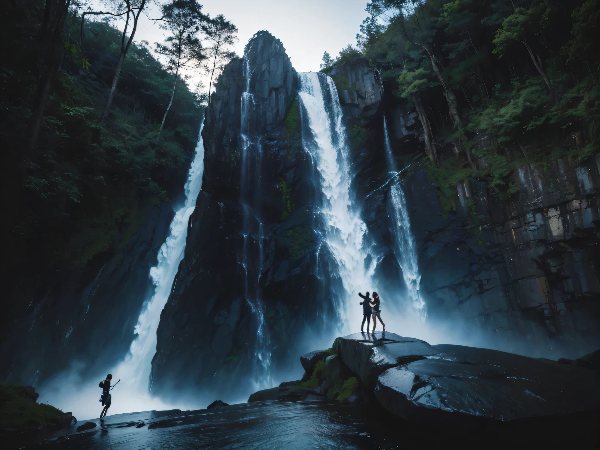 Beautiful and strong girl in swim attire lifting a large man high above her head with her strong arms. Photorealistic. Wide angle. Waterfall in background.