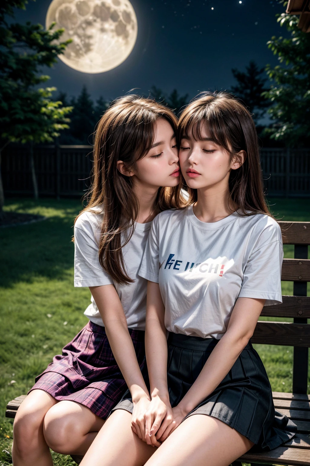 Ultra-high quality, masterpiece, 日本cartoon, 2D, cartoon, Japanese Art, Colorful Japanese comics, 2 girls, Medium blonde hair and lilac eyes, Medium brown hair and brown eyes, Casual Wear, skirt, t-shirt, skirt, French Kiss, Kiss the mouth, French kiss, close, National Foundation, saliva, permanent, blush, Close your eyes, night, Dark Lights, Star, moon, bench, Trees, green, Grass, garden
