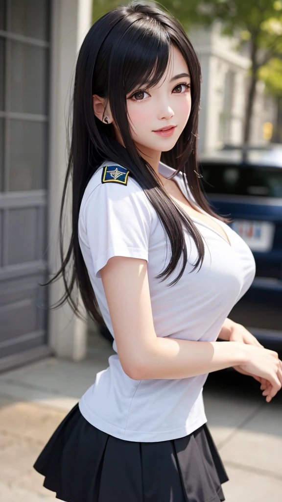 {Top Quality, Masterpiece}, {{{realistic}}}, BREAK {{{FF7, Tifa_lockhart}}}, Ultra-detailed face, Detailed red eyes, black Brown Hair, (Large breasts: 1.0), about 18 years old, BREAK (she is wearing a police-uniform:1.6, mini-skirt), {smile, kawaii}, {{cool pose}}, {{erotic eyes, erotic mouth, erotic face}}, {{{police office}}},
