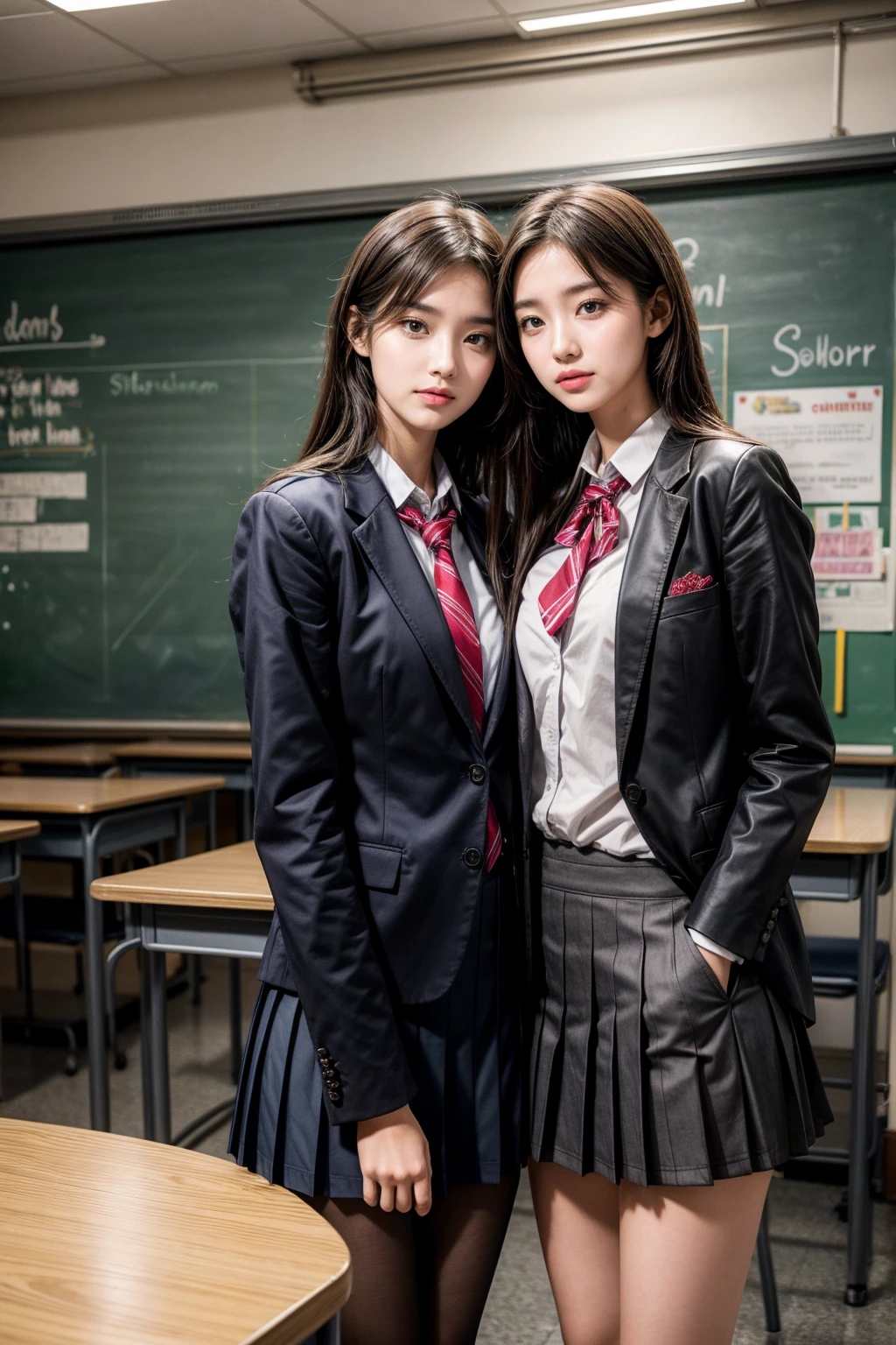 Romantic Student, Two female students in school uniform, Female couple, Tall and skinny, beautiful, Alumni, classmate