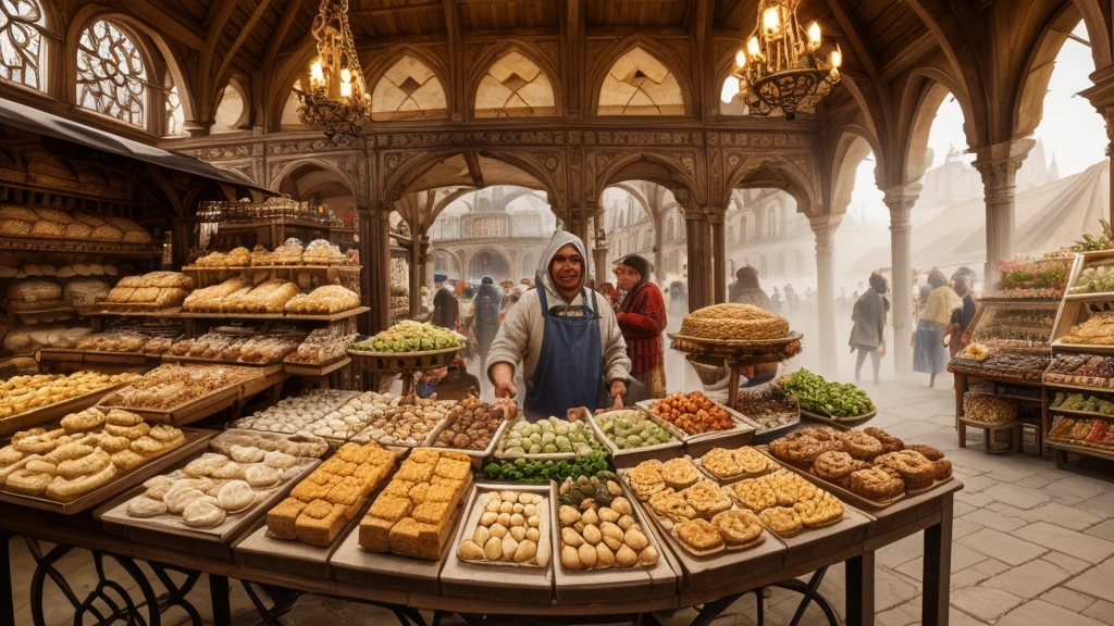 masterpiece, best quality, high resolution, extremely detailed CG, absurdres, highres, fantasy art, Morning mist clings to cobblestone streets as vendors in vibrant attire hawk exotic wares amidst ancient architecture. Towering spires and ornate facades mingle with humble market stalls, while a diverse array of faces - humans, elves, dwarves, and more - hurry about with baskets, bundles, and curious gazes. The air is alive with the cacophony of merchants' calls, hammering on metal, and the sweet scent of fresh bread wafts through the chaotic scene