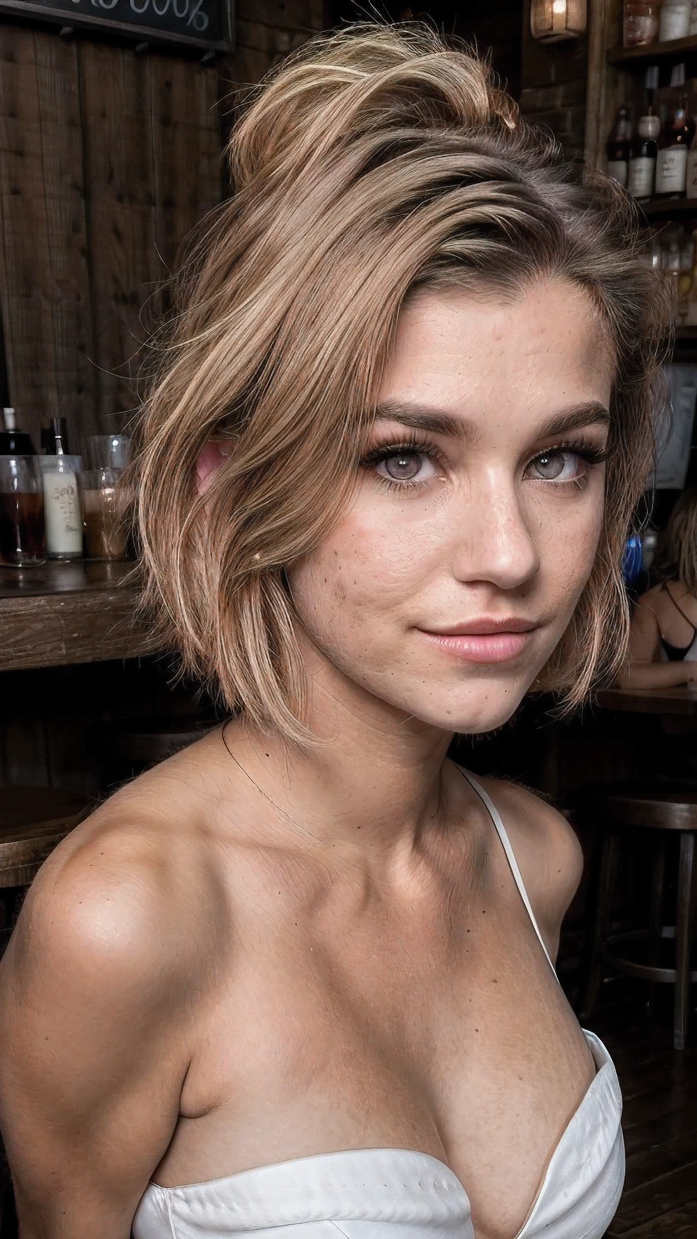 Brooke Monk, Influencer, solo, looking at viewer, dark brown eyes, blonde short hair, crowded tavern background, white low cut dress, bare shoulders, upper body, full lips, eyelashes, portrait, realistic, supermodel-like face, (extremely deep neckline:1.5), (freckled cleavage:0.9)