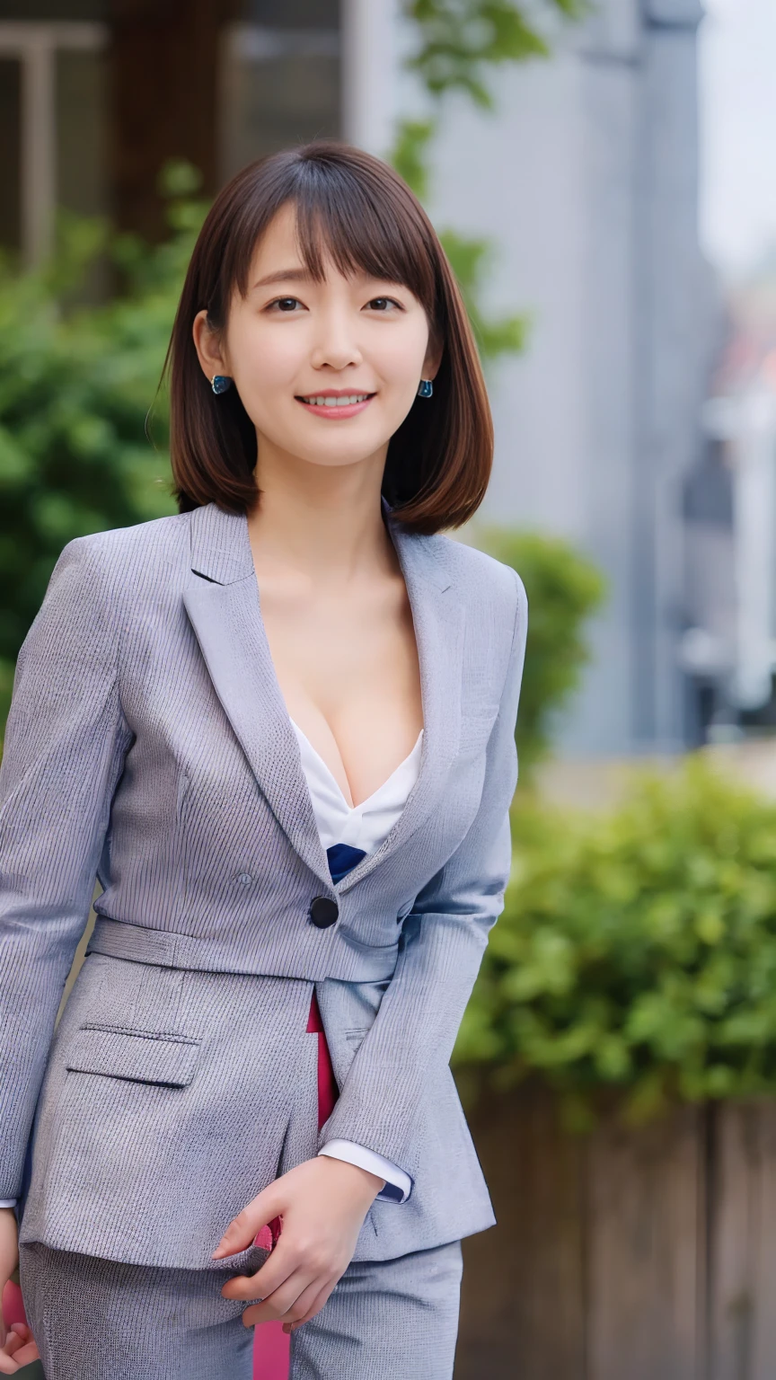 (1 female),beauty,Beautiful Face,smile,(office lady suit:1.4),A dignified appearance,Plump Style,(Saggy breasts:1.3)、(Peeking into this、Front view),Focus on the chest,Ultra-realistic,Ultra-high resolution,highest quality,8k,masterpiece,(random location)、The cutest Yoshioka Riho, (cleavage:1.3)