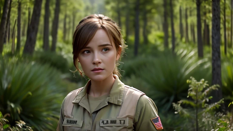 upper body of Emma Watson, ponytail hair, wearing a US army outfit, confused expressions, in a pine forest, evening time, realistic, cinematic scene