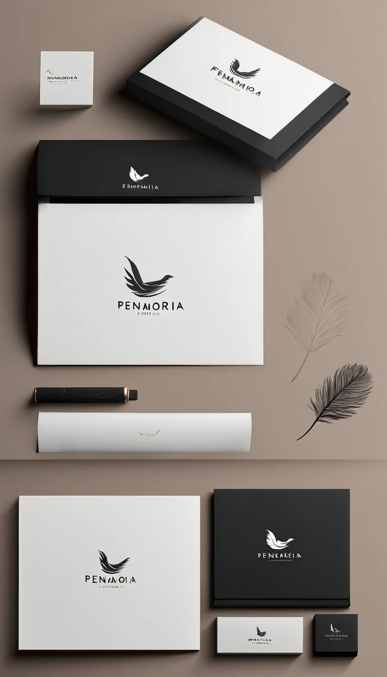 A minimal, modern, simple, cinematic logo design for the brand “Penamemoria". Create a modern, minimalistic, high-quality, logo of a feather-bird