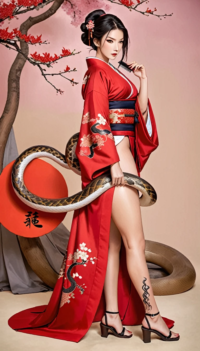 (masterpiece), best quality, expressive eyes, perfect face, HD, Benisato, kunoichi, snakes tattooed, She is a tall and matured woman with a slender curvaceous build with long legs and arms, Although a ninja herself, Benisato has the appearance of a beautiful and seductive geisha, She has porcelain skin and long dark hair tied back in a coif with a hairpin and traditional comb, Benisato is covered in serpent tattoos that come alive when she uses her powers and will usually appear naked during a battle to throw off her male victims, She wears traditional Japanese geisha robes, full body, pants, long sleeves, Vest, sandals, kimono, Hongli, snakes supranatural 