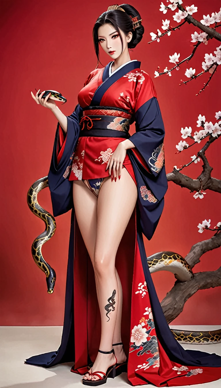 (masterpiece), best quality, expressive eyes, perfect face, HD, Benisato, kunoichi, snakes tattooed, She is a tall and matured woman with a slender curvaceous build with long legs and arms, Although a ninja herself, Benisato has the appearance of a beautiful and seductive geisha, She has porcelain skin and long dark hair tied back in a coif with a hairpin and traditional comb, Benisato is covered in serpent tattoos that come alive when she uses her powers and will usually appear naked during a battle to throw off her male victims, She wears traditional Japanese geisha robes, full body, pants, long sleeves, Vest, sandals, kimono, Hongli, snakes supranatural 