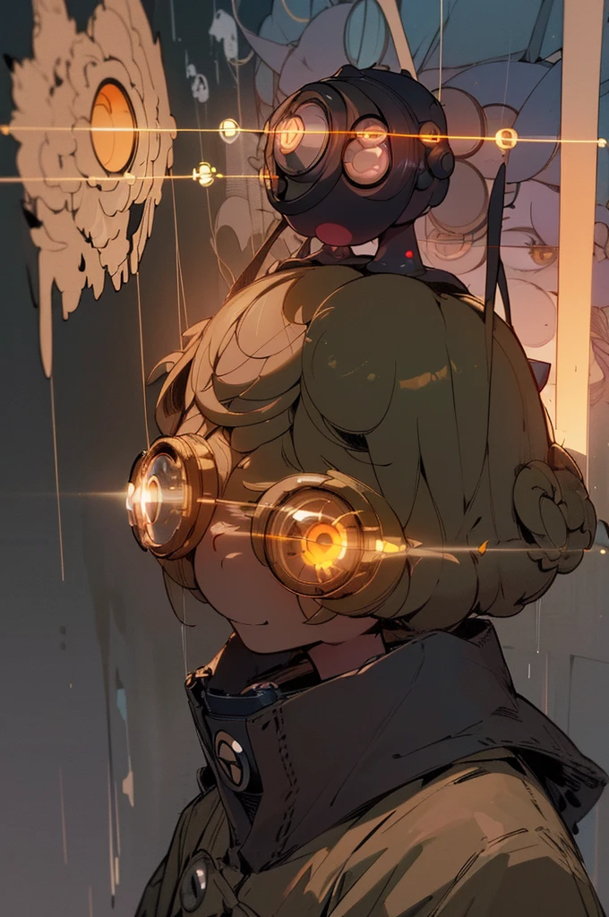 in style of Ashley Wood,1girl,raincoat,Nuclear mark,The face is a breathing mask,(The eye is a wearable cyclops lens:1.8)The lens surface lights u, school background, grown woman, mature,