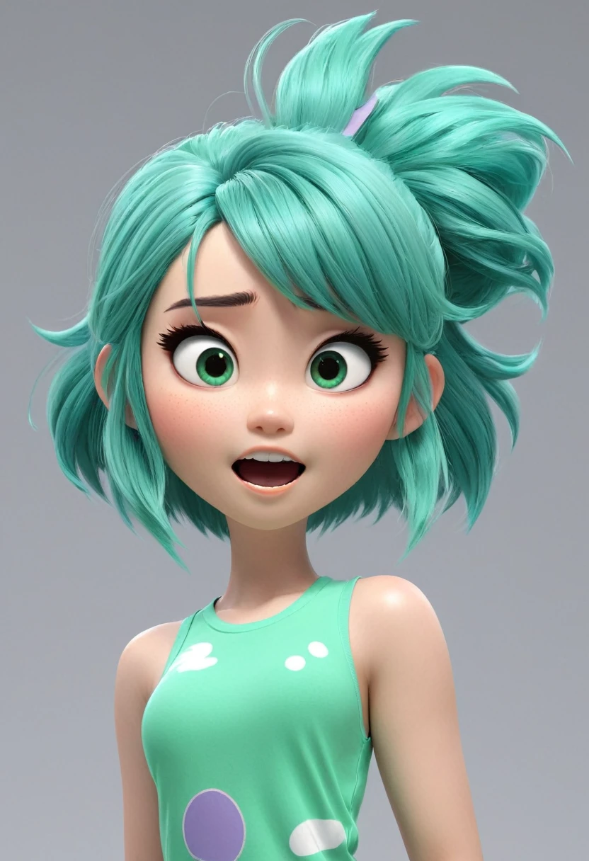 20 year old Japanese, turquoise green hair, gray top, terrifed, 3d pixar style, (best qualityer, 4K, 8k, high resolution, work of art #39;work of art:1.2), ultra detali, (realisitic, photorealisitic, photo-realisitic:1.37), portraits, bright coloured, studio lighting