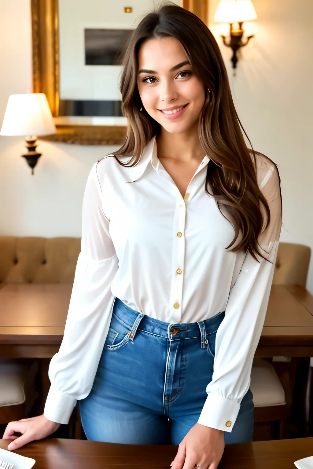 In this hyperrealistic, masterpiece of a photograph, a captivating woman with long, lustrous brown hair sits solo at a dinner table surrounded by a warm, intimate gathering of friends. She is dressed in a casual yet stylish outfit that exudes effortless elegance, perfectly suited for the friendly atmosphere. With a radiant smile that lights up the room, she gazes directly at the viewer, her eyes reflecting a youthful charm and a subtle hint of mischief. Her voluptuous figure is accentuated by a tasteful blouse with long sleeves that sleekly hugs her curves, adding an alluring appeal to the composition.

The setting is bathed in soft, warm lighting