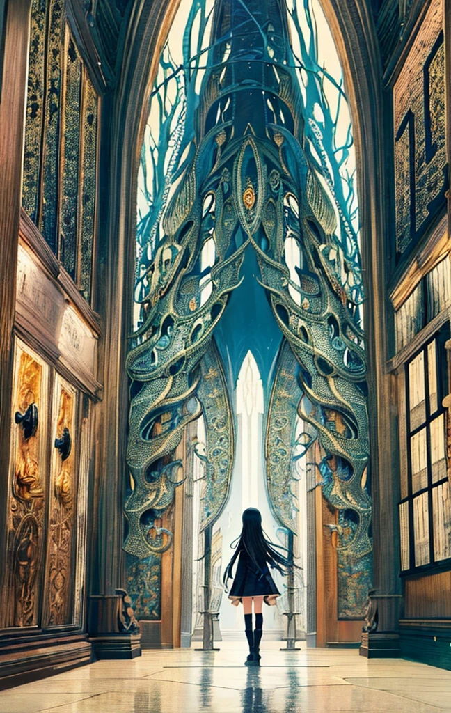 masterpiece, Highest quality, detailed, city, street, Gothic, steampunk, figure, One girl, (alone), Long Hair, boots,  Vintage, antique, brass, Metal, gear, mechanical, Brilliant, elegant, Classic, Sophisticated, Sophisticated, Ready, Contemplative, Thoughtful, Curious, mysterious, Mysterious, Magic, Cautious, intellectual, Book lover, Contrast, perspective, depth, texture, detailed, リアrhythm, Impressionist, Expressionistic, Abstract, Surreal, Innovative, Experimental, Individuality, atmosphere, atmosphere, feeling, Nostalgia, historic, cultural, Technical, industrial use, Fantasy, imagine, creativity, Artistry, Craftsmanship, skill, Accuracy, detailed, composition, balance, Harmony, rhythm, colorful, dark, reflection, refraction, prospect, Middle Way, background, Vanishing Point, horizon, focus, Naturalistic, Figurative, Expressive,