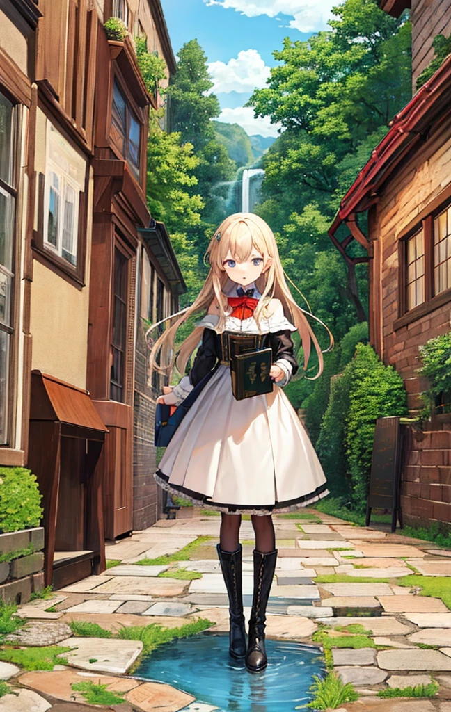 masterpiece, Highest quality, detailed, city, street, Gothic, steampunk, figure, One girl, (alone), Long Hair, boots,  Vintage, antique, brass, Metal, gear, mechanical, Brilliant, elegant, Classic, Sophisticated, Sophisticated, Ready, Contemplative, Thoughtful, Curious, mysterious, Mysterious, Magic, Cautious, intellectual, Book lover, Contrast, perspective, depth, texture, detailed, リアrhythm, Impressionist, Expressionistic, Abstract, Surreal, Innovative, Experimental, Individuality, atmosphere, atmosphere, feeling, Nostalgia, historic, cultural, Technical, industrial use, Fantasy, imagine, creativity, Artistry, Craftsmanship, skill, Accuracy, detailed, composition, balance, Harmony, rhythm, colorful, dark, reflection, refraction, prospect, Middle Way, background, Vanishing Point, horizon, focus, Naturalistic, Figurative, Expressive,