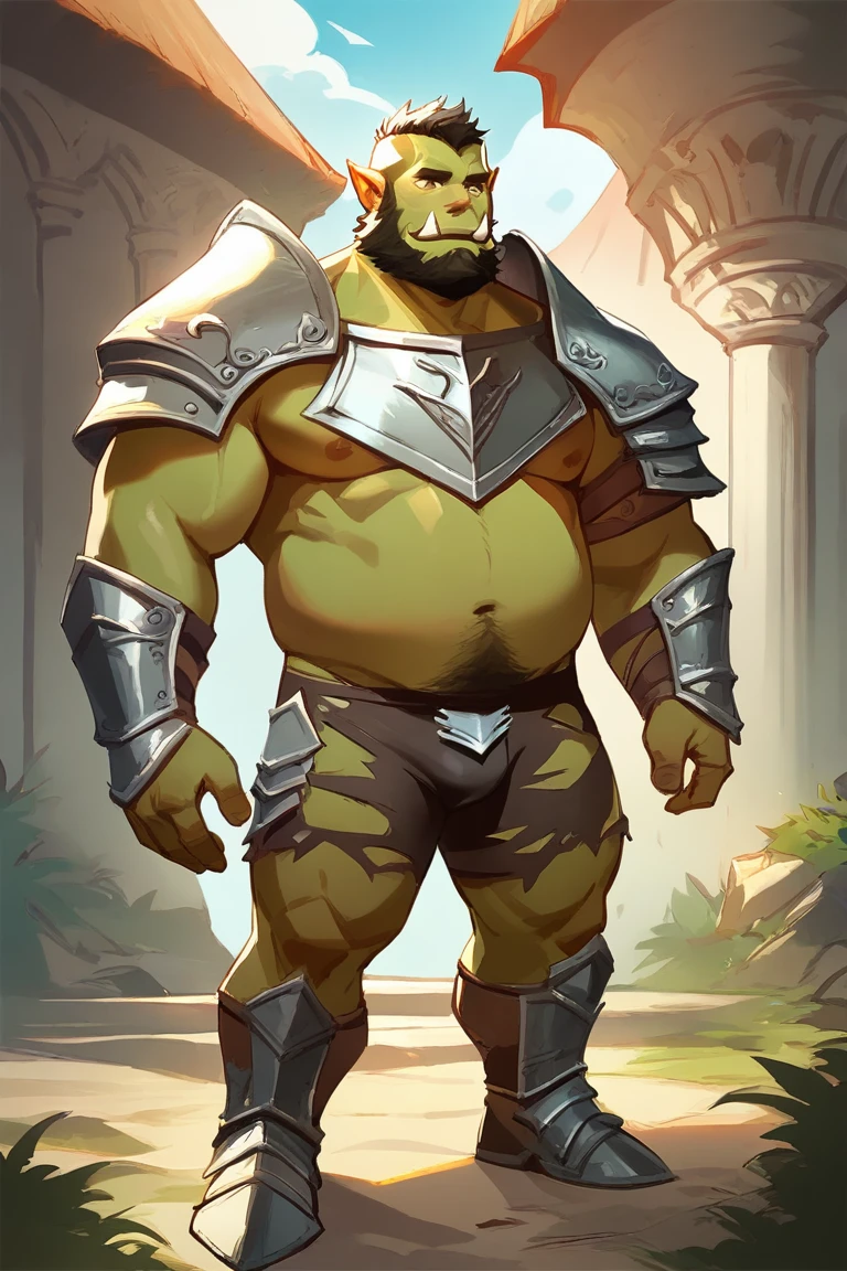 score_9, score_8_up, score_7_up, solo, male focus, chubby male, orc, green skin, tusks, beard, outdoors, micro armor , shoulder armor, breastplate, day, armor boots , (( damaged black micro tight shorts )) , full body 