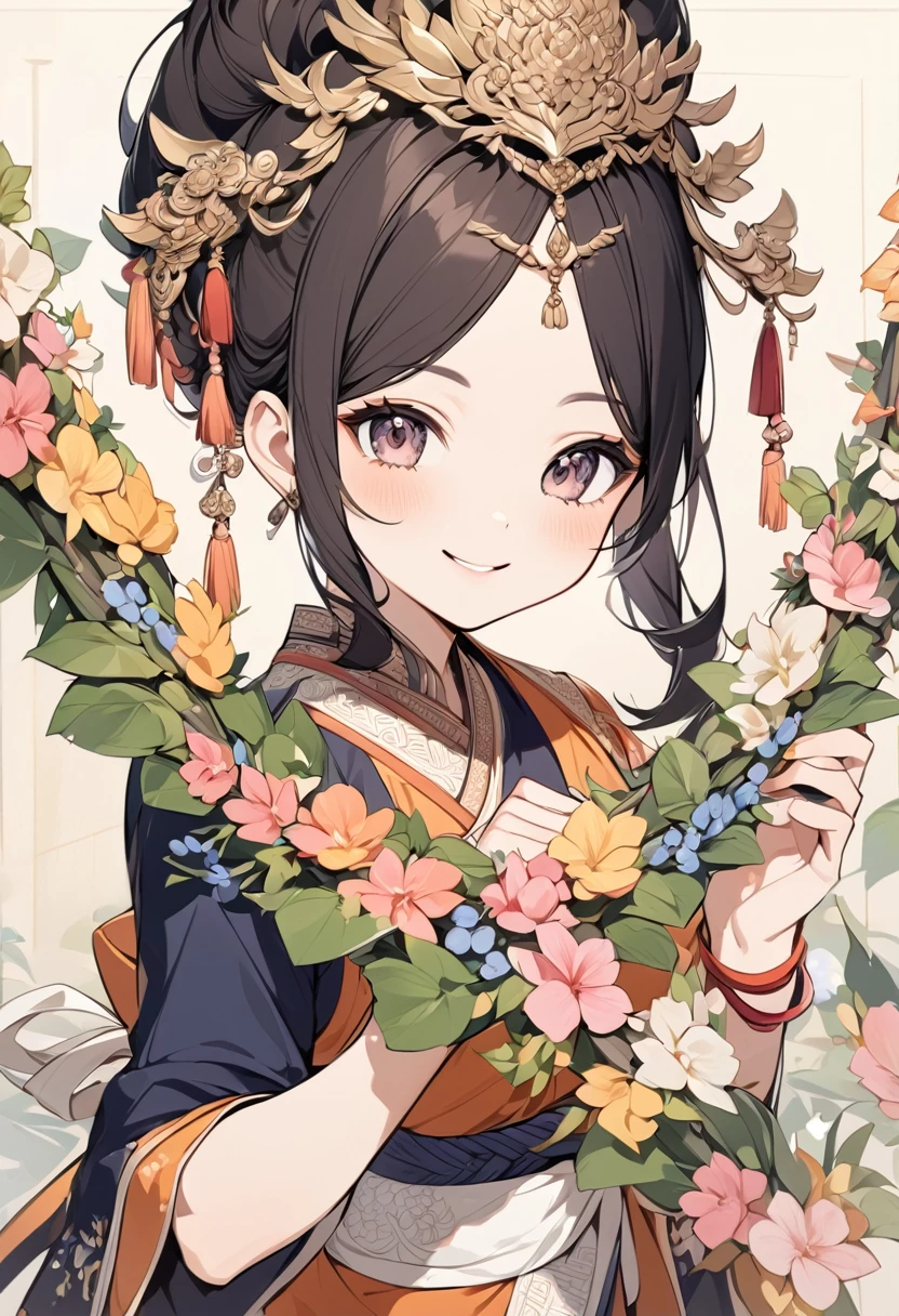She is a lady in Thai literature, beautiful, cute, holding a garland, smiling cutely, wearing a Thai dress, AI drawing.
