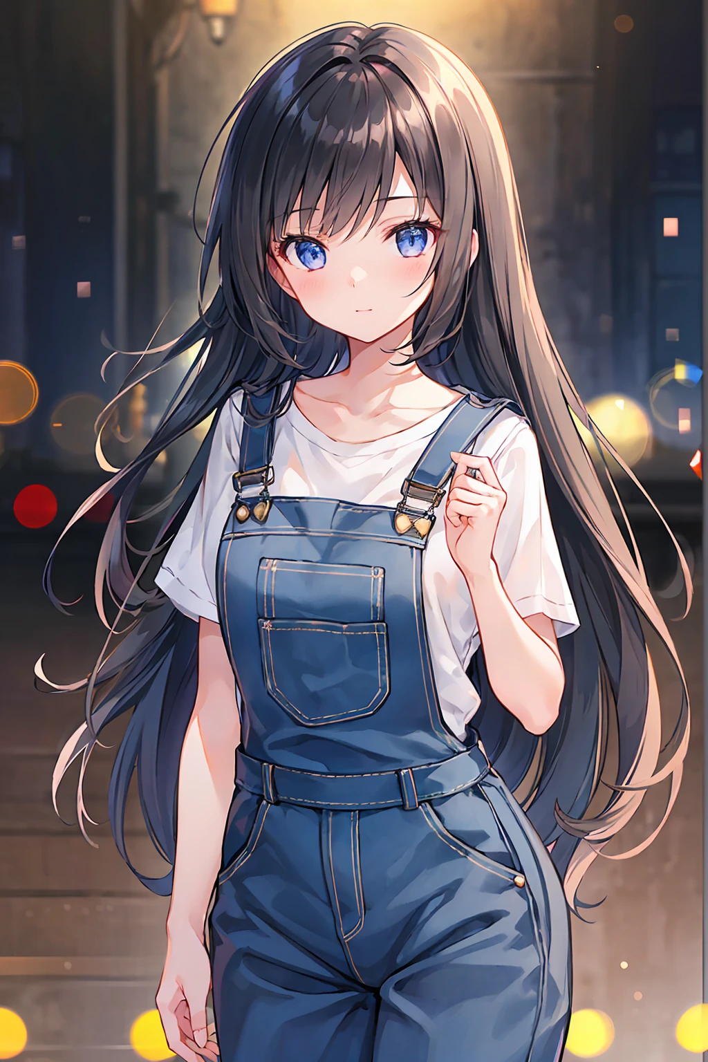 A girl with long black hair wearing overalls，((Highest quality)), (Very detailed), (High-definition CG synthesis 8K wallpaper), 高いly detailed, 高い-definition raw color photos, Professional photography, (((Bokeh))), Written boundary depth,