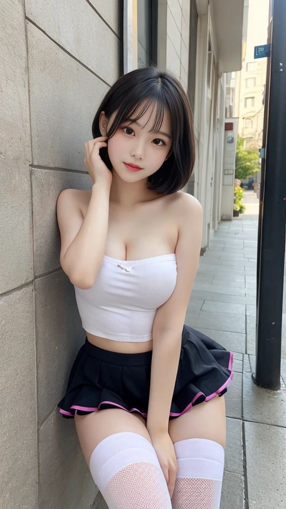 short hair、Very beautiful 14 year old cute girl、Sexy and very beautiful、Very cute face,extremely beautiful、White strapless vest、Mesh Skirt、Knee socks、Lean forward、Chest-up posture、Sexy pose 腕を寄せる