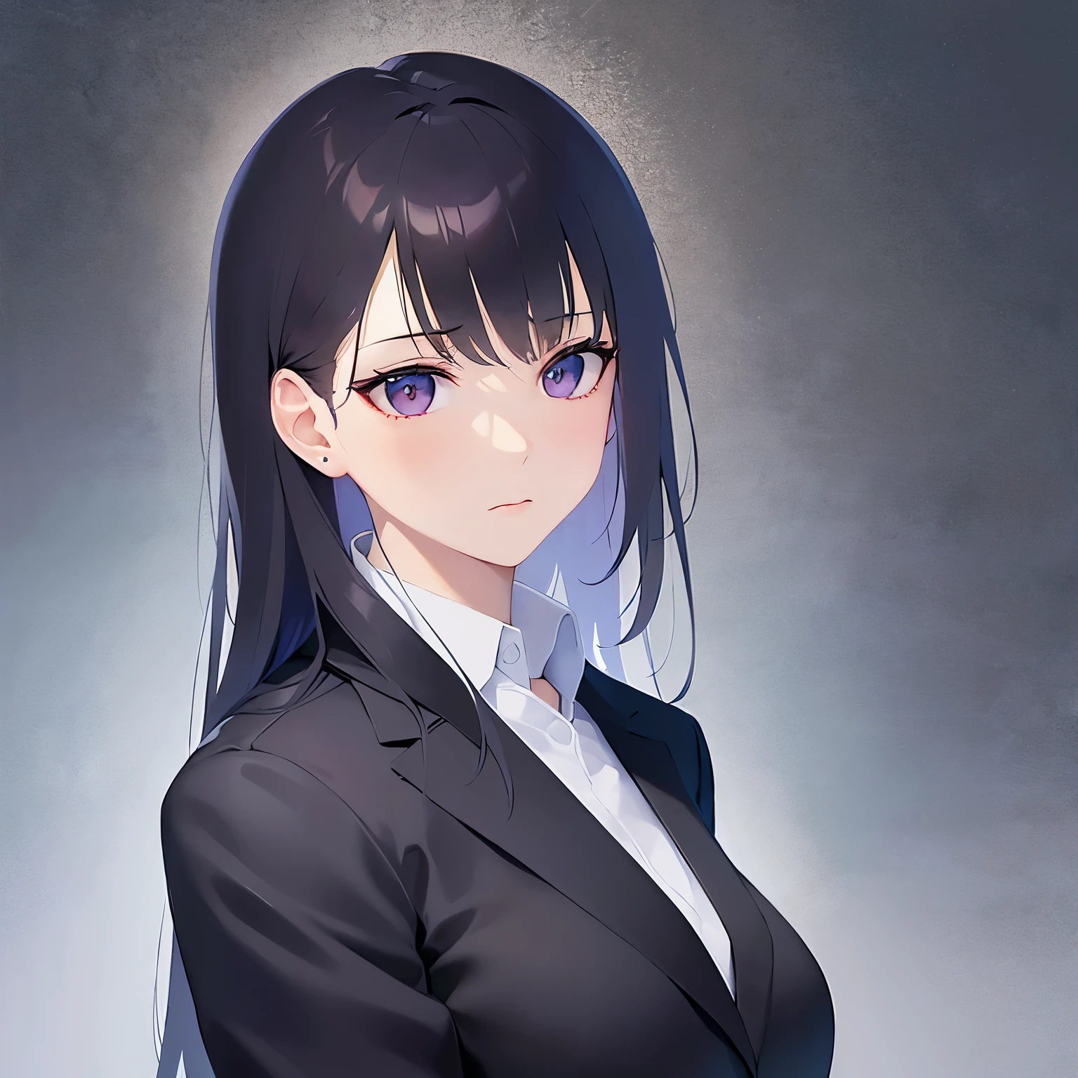 side angle, (looking away:1.5), Upper Body, Realistic, real person, (pale skin: 1.2), RAW photo, photorealistic, shiny skin, shiny hair、(A 25-year-old woman with straight hair and bangs) and (medium hair) and (black hair) and (purple eyes) , (business suit:1.5) and (white collared shirt)、expressionless, The background is the office、Alone、Are standing