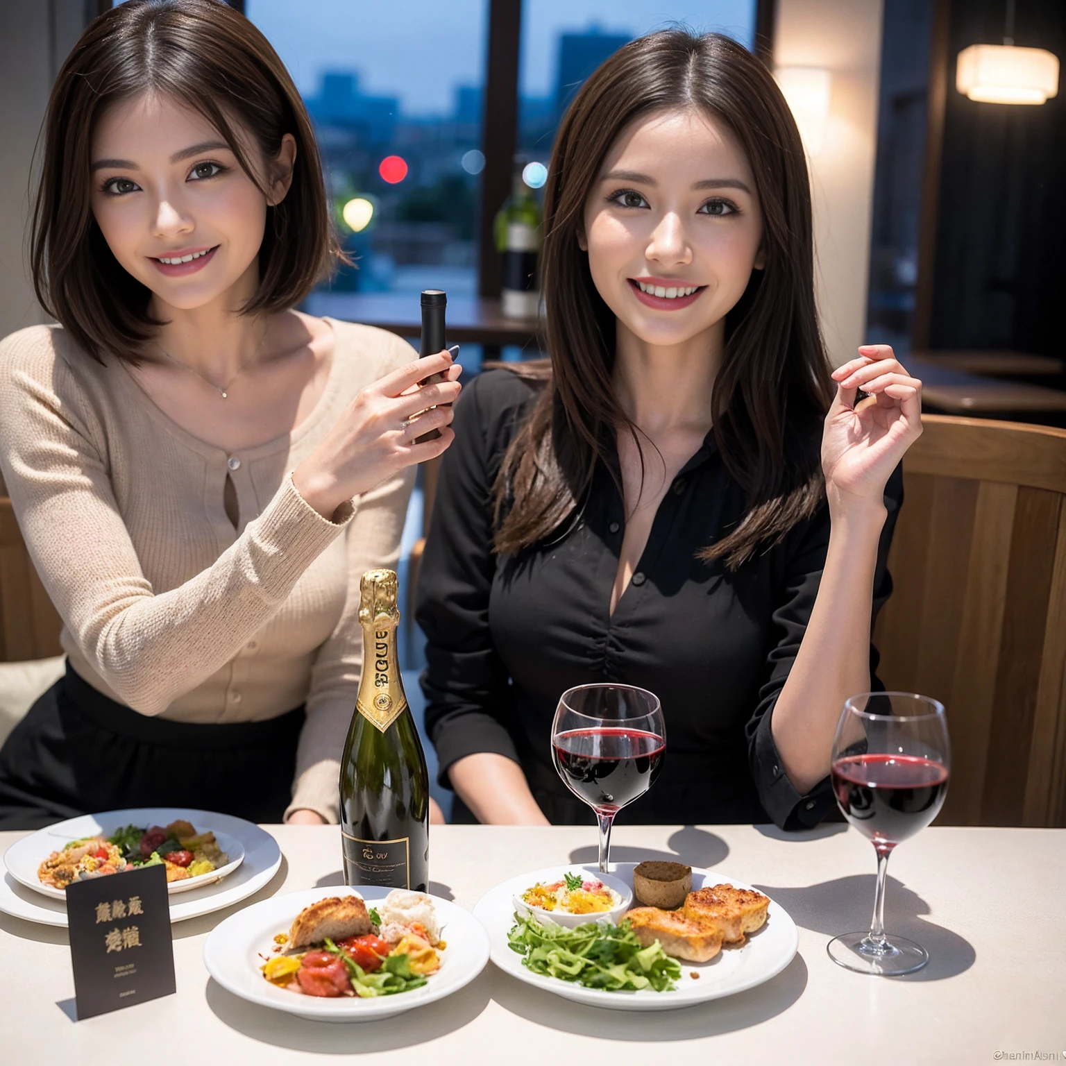 (Realistic:1.1),(masterpiece,Highest quality),8k,(40 years old), 36 years old, slimカップル、Model Couple、actress/actor、Tight waist,Upper Body,full-course dinner、wine 、Amazing view of the sunset sky and clouds、Perfect Anatomy, Brown Hair, short hair,Random Hairstyles,((Highly detailed face and eyes:1.2))(cute顔:1.4),美しいactressの顔,Perfect golden ratio face,Long sleeve shirt、dress,(smile:1.2)、Shortcuts、cute、(Realistic, Intricate details:1.2), A bright smile、short hair,Bright Face、赤wine 、Appetizers、Italian food、wine bottle、Champagne、スパークリングwine、(slimな顔), (The body is slim), (Brown Hair), (Shortcuts), Upper Body, 白wine, slim, wineグラス,