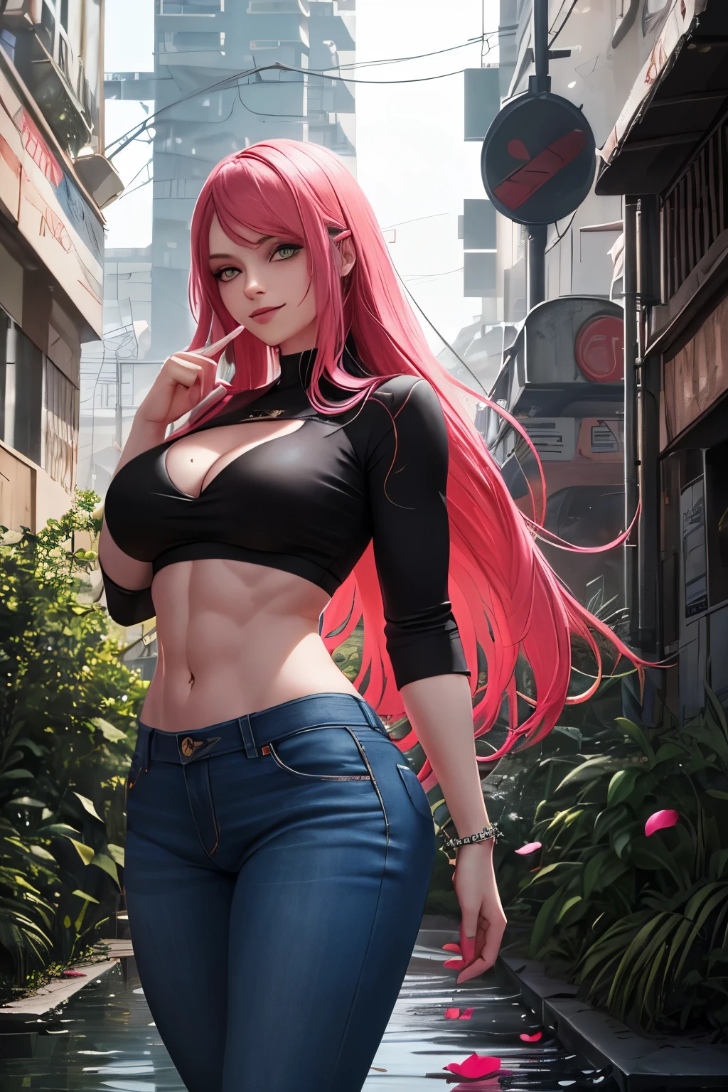 1girl, witch vampire cosplay, amedium breasts, pink hair, dynamic angle, cinematic pose, standing, light particles, depth of field, concept reference, lips, nose, mouth, back focus, trousers, French style, pants jeans, hair flick, smug smile, dynamic angle, side shot, ink colouring, colouring: dark, interacting, muscle definition, very skinny, blue, hand gesture, red, green, hyper detailed eyes, style of painterly, smudge, plants, cyberpunk city, neon lights, rundown buildings, smoke stacks, trees, bark, forest, natural lake, petals in view, underpass, water,