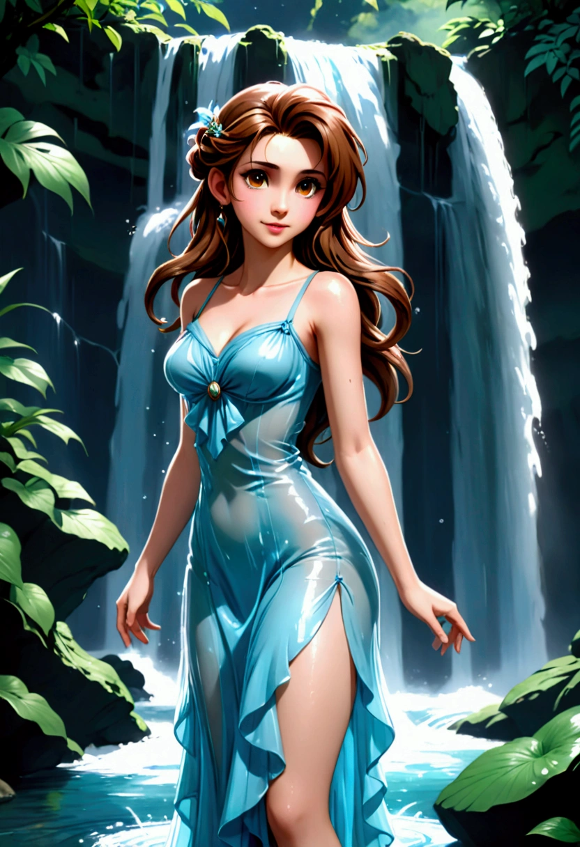 (Realisttic:1.2), analog photo style, (cute Aerith Gainsborough, posing in a waterfall), wearing in a long dress made from water, transparent wet dress, long waves hair, washing in the waterfall, standing in the waterfall, playing with waterdrops, water backdrops, perfect anatomy, great quality, Masterpiece, intricate slim body, ethereal aesthetic, 16k quality, analog photo style, RAW photo