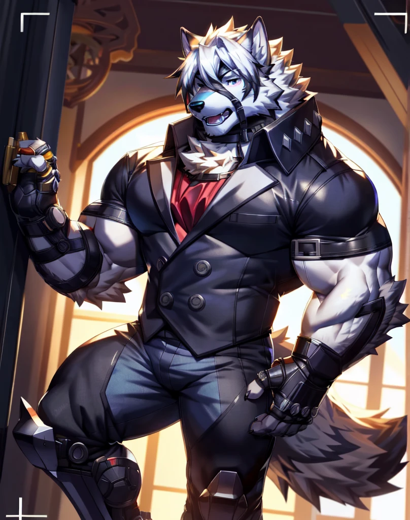 solo, anthro, furry, furry male, wolf, ((fluffy fur, fluffy, furry body)), (wolf print), red eyes, hair tuft, long hair, (light blue body, blue body, muscles), wolf tail, ((white hair,)), (white muzzle, white forearms), leg raised, pocket watch, gold pocket watch, pocket watch in hand, face straps, butler uniform, black metal prosthetic legs detailed fluffy fur, detailed face, detailed eyes, smaller arms (full body, round ass, fluffy ass,), cyberpunk, valorant,(by DRKS, by raccoon21, by Sollyz, by null-ghost, masterpiece, high quality,hi res,8k hd), close-view portrait, looking at viewer, indoors, fancy manor, fancy tea party cute face, open mouth, teeth, detailed teeth, grinning expression, camera view angled from above, heavy shadows, athletic build, full body,