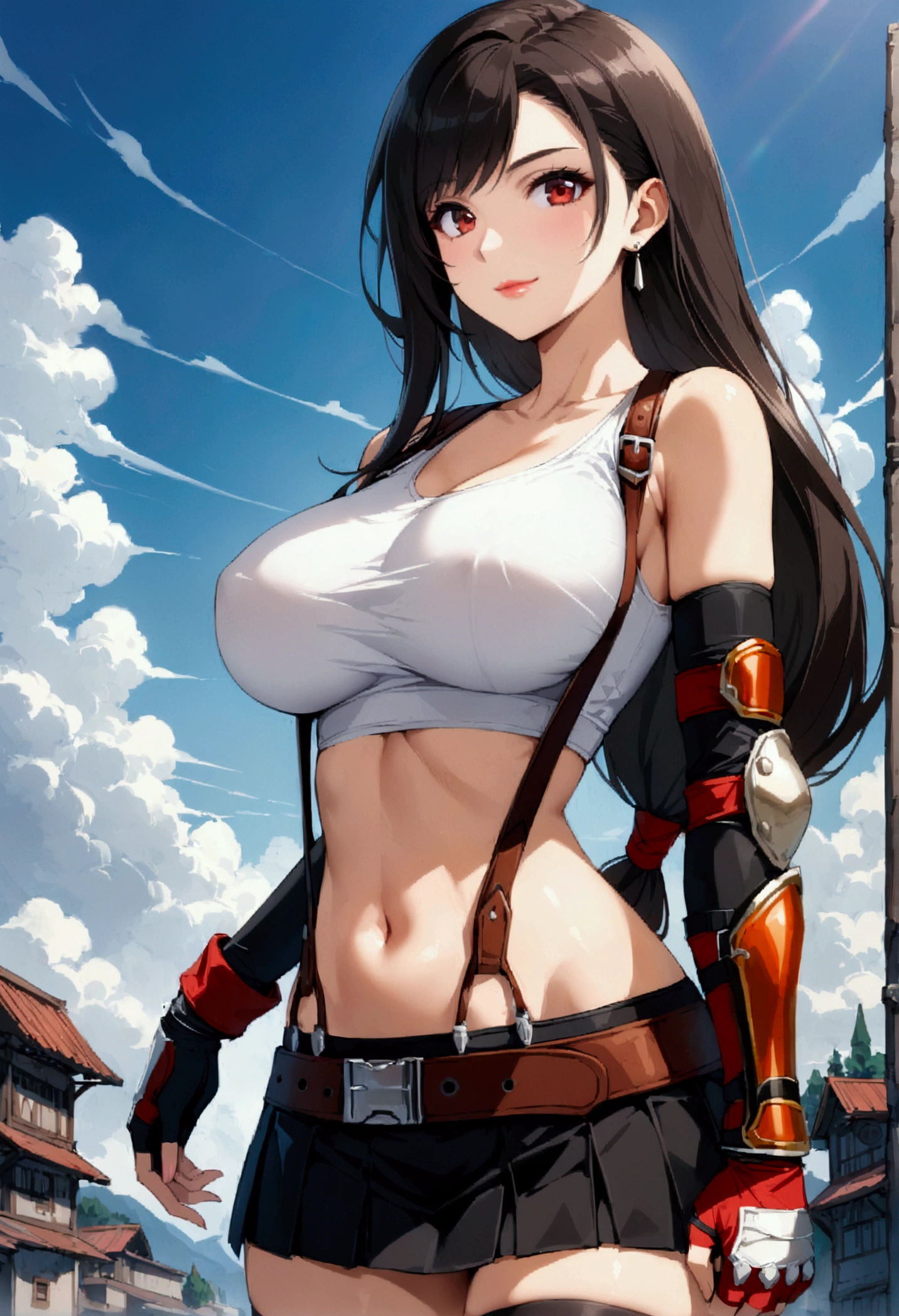 score_9, score_8_up, score_7_up, ,side_view,side pose, (breast focus),standing,straight-on,,,perfect composition,(mediumshot:1),looking_at_viewer ,1girl, tifa lockhart, final fantasy,(beautiful woman:1.2).make up,lips,black hair, low-tied long hair, red eyes, bangs, white tank top,(short tank top:1.2), belt, pleated skirt, thighhighs, elbow fingerless gloves, elbow pads, midriff, navel,suspender skirt.zettai ryouiki ,(large_breasts),light smile,,slender_waist ,Solo,,(daytime and outdoors),(masterpeace),(best quality),(aesthetic,very aesthetic),(highly detailed),hdr,(anime style),