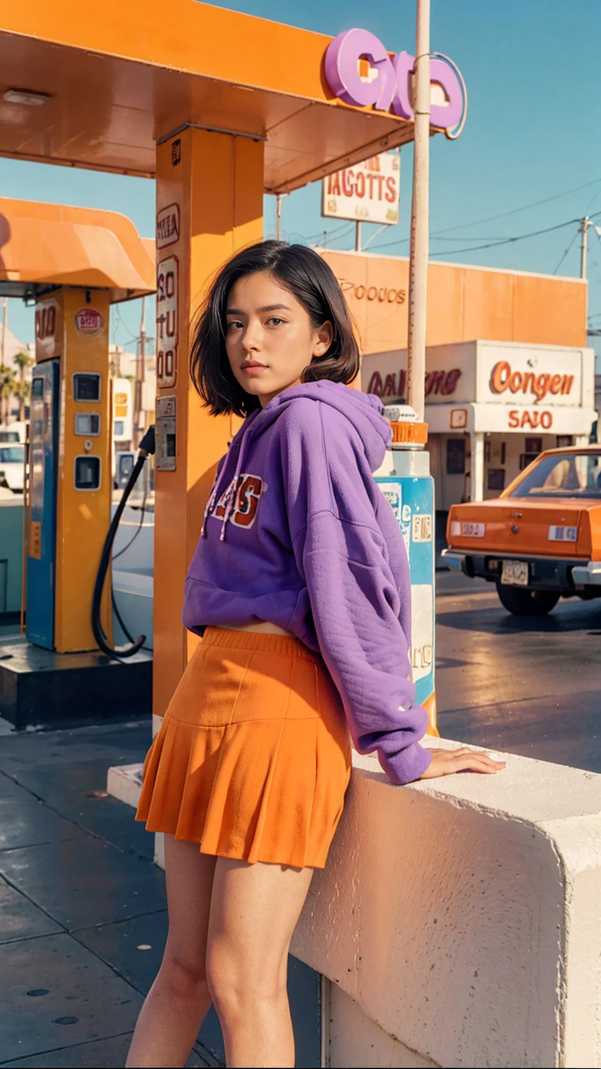 8K photo cinematic photograph long shot portraits by Wes Anderson, cute 23 yo girl ,fokus, bokeh ,wear ((orange color oversized_hoodie)), wear ((purple tennis skirt)),looking front,Best Quality,Masterpiece,Ultra High Resolution,(Realisticity:1.4),Original Photo, 1Girl, light leak,ultra high resolution,UHD,beautiful, (black bob hair), almond eye, no makeup, in front of ((80's colorful los angles gas station)), (realistic:1.2), (surreal:1.3), (very detailed:1.1), ((masterpiece)),summer, blue sky, palm trees,sunny, los angles vibes,film camera, 800mm lens,style of Philip Lorca diCorcia