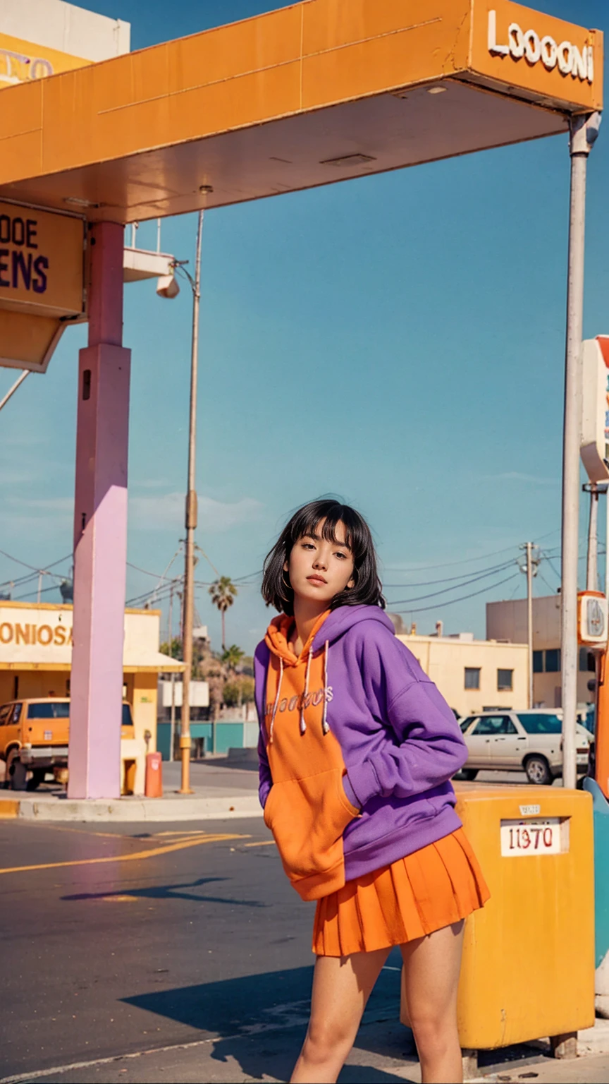 8K photo cinematic photograph long shot portraits by Wes Anderson, cute 23 yo girl ,fokus, bokeh ,wear ((orange color oversized_hoodie)), wear ((purple tennis skirt)),looking front,Best Quality,Masterpiece,Ultra High Resolution,(Realisticity:1.4),Original Photo, 1Girl, light leak,ultra high resolution,UHD,beautiful, (black bob hair), almond eye, no makeup, in front of ((80's colorful los angles gas station)), (realistic:1.2), (surreal:1.3), (very detailed:1.1), ((masterpiece)),summer, blue sky, palm trees,sunny, los angles vibes,film camera, 800mm lens,style of Philip Lorca diCorcia