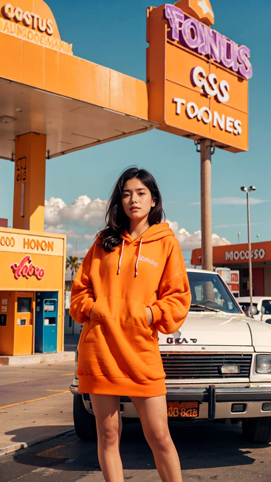 8K photo cinematic photograph long shot portraits by Wes Anderson, cute 23 yo girl ,fokus, bokeh ,wear ((orange color oversized_hoodie)), wear ((purple tennis skirt)),looking front,Best Quality,Masterpiece,Ultra High Resolution,(Realisticity:1.4),Original Photo, 1Girl, light leak,ultra high resolution,UHD,beautiful, (black bob hair), almond eye, no makeup, in front of ((80's colorful los angles gas station)), (realistic:1.2), (surreal:1.3), (very detailed:1.1), ((masterpiece)),summer, blue sky, palm trees,sunny, los angles vibes,film camera, 800mm lens,style of Philip Lorca diCorcia