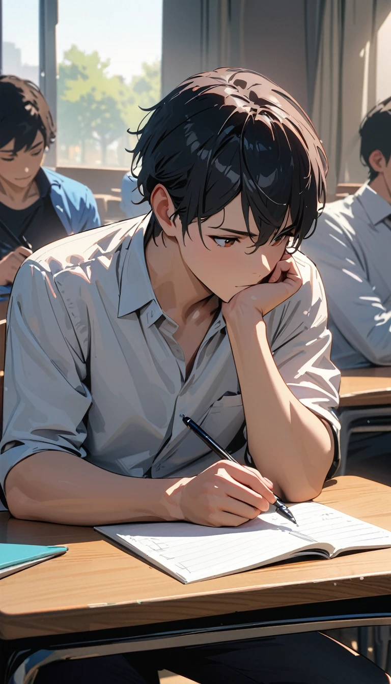 modern, Verism, masterpiece, textured skin, super detail, best quality, 4K , A young looking man with short black hair is attending a lecture in a university classroom. He is right-handed and writing notes with a pen.
