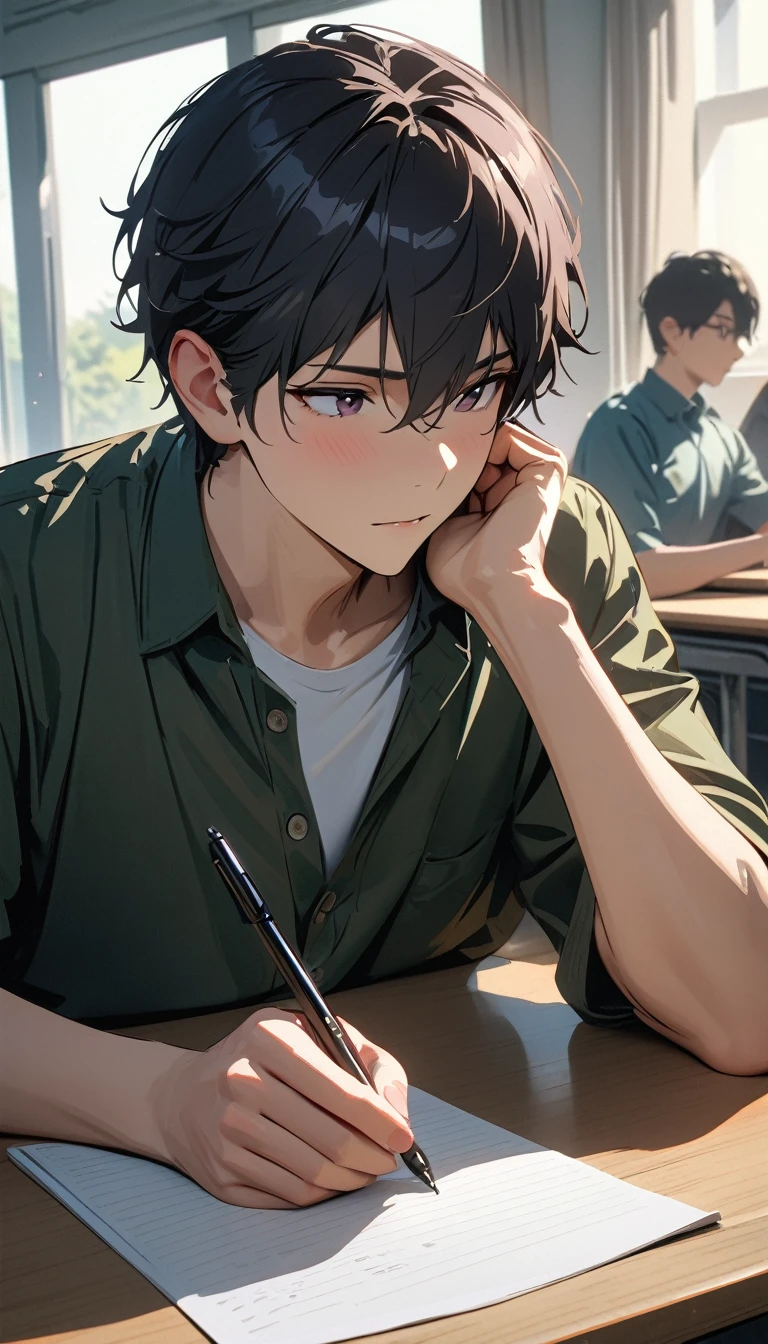modern, Verism, masterpiece, textured skin, super detail, best quality, 4K , A young looking man with short black hair is attending a lecture in a university classroom. He is right-handed and writing notes with a pen.
