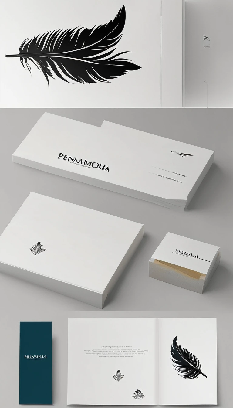 A minimal, modern, simple, cinematic logo design for the brand “Penamemoria". Create a modern, minimalistic, high-quality, logo of a feather-boy