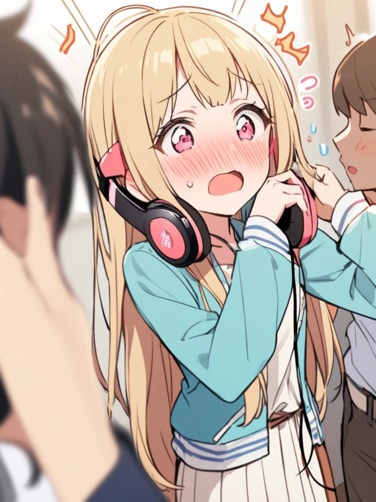 A young man putting headphones on a woman, she blushes and gets excited.